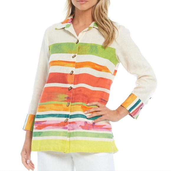 John Mark Abstract Stripe Print Linen Button Down Wood Buttons Tunic Top Size S - Picture 1 of 11